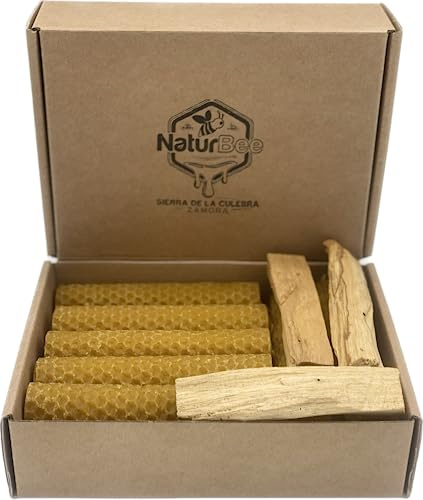 Velas de Miel de Abeja + Palo Santo para Rituales 100% Natural Cera Pura(Pack 12.Velas 11,5x2,4 cm y 3 Palo Santo) - Hechas a Mano - Origen España Sierra de La Culebra Zamora - SIN PARAFINA