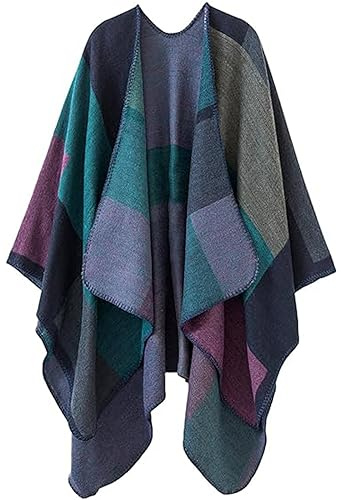 PAMEILA Women's Travel Plaid Shawl Wraps Open Front Poncho Cape Warm Oversized Sweaters Casual Cardigan Shawls for Fall Winter,Series 01-Purple