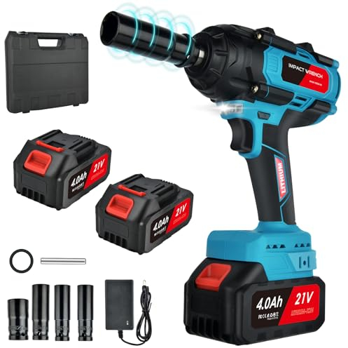 Avvitatore a Impulsi Cordless 1/2, Avvitatore ad Impulsi a Batteria Brushless da 800N.m con 2 Batterie da 4000mah, 4 Prese