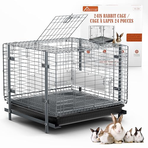 HOMESTEAD Rabbit Cage with Pull-Out Tray – 24 Inch Bunny Cage, Metal Rabbit Breeding Cage, Dual Access Doors, Waterproof Bottom & Urine Guard