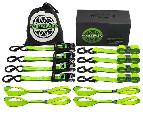 Lot de 4 sangles à cliquet rétractables – Résistance à la rupture garantie – Sangles d'arrimage parfaites avec crochets en S enduits – Sangles à cliquet robustes pour moto, camion, déménagement de