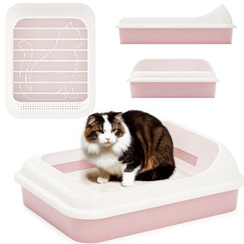 Katzentoilette Schalentoilette Katzenklo + Abnehmbarer Hochrand + Reinigungssieb Rosa