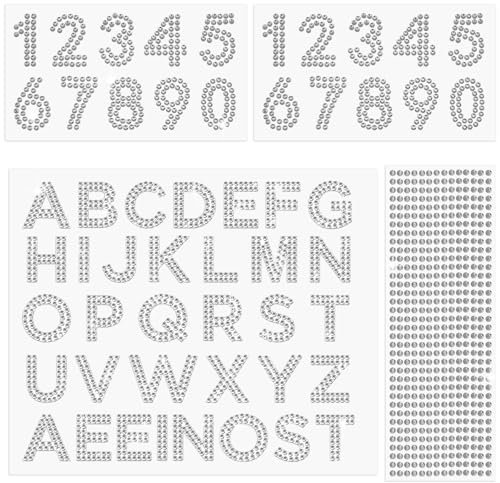 4 Blatt Glitzer Strass Aufkleber Bling Kristall Eisen auf Alphabet Buchstaben Aufkleber Zahlenaufkleber Edelstein Bordüre Aufkleber Selbstklebende Dekorative Aufkleber für Stoff Kleidung Kappe DIY