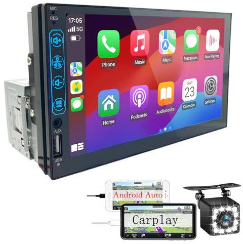 Autoradio 1 DIN con Schermo CarPlay & Android Auto – 7 Pollici Touchscreen Stereo Auto con Schermo, Radio Bluetooth Auto con Mirror Link/USB/FM, Supporta Telecamera Posteriore