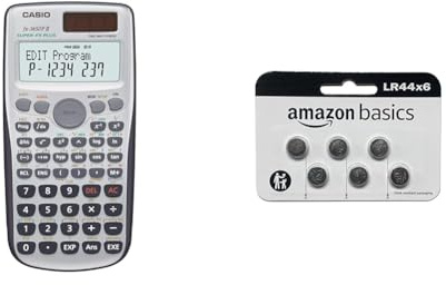 Casio FX-3650P II programmierbarer Rechner mit 279 Funktionen, 2-Zeilen-Display, Batterie/Solarzelle & Amazon Basics – LR44 Alkaline-Knopfzelle, 6 stück