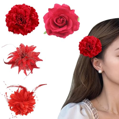 DHWEKU 4 PCS Pince à Cheveux Fleur Rouge Artificielle Clip Barrette Broche Corsage Poignet Décoration Fête Vacances