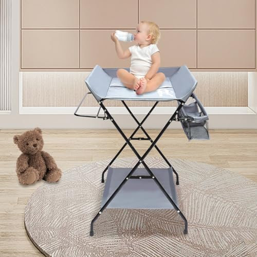 KOLHGNSE Baby Wickelkombi, Mobiler Wickeltisch Klappbar Wickelkommode Wickeltisch mit Wickelauflage Sicherheitsgurt für Kinder Ablagefächer (Dunkelgrau)