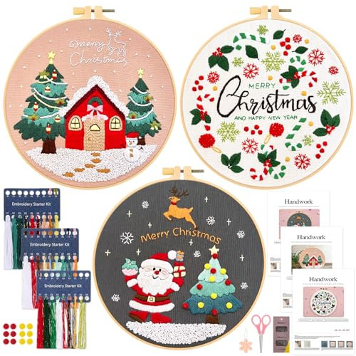 JSRQT 3 Pezzi Natale Kit Ricamo Starter, Kit Punto Croce per Principianti Adulti, Kit di Ricamo a Mano con Motivo di Neve Casa Albero di Natale Caramelle, Strumento di Ricamo per Forniture Artigianali