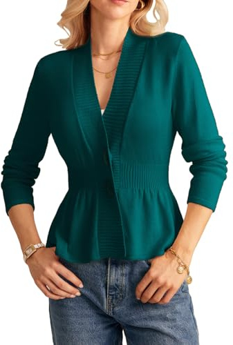 GRACE KARIN Långärmad cardigan för kvinnor V-ringad, beskuren cardigan med stickad midja kappa, Blå grön, XXL