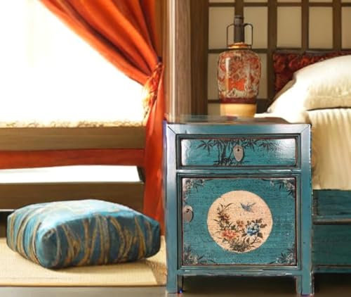 OPIUM OUTLET Chinese Bedside Cabinet Asian Bedside Table Small Night Cabinet Oriental Bedroom Chest of Drawers Console Shabby Chic Blue Turquoise Fully Assembled