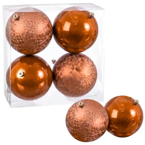 4tlg Große Weihnachtskugeln Ø 10CM, Orange Rot Christbaumkugeln, aus Bruchsicher Mehrweg Kunststoff, Weihnachtsdeko mit Kugeln & Aufhängeband, Weihnachtsbaumkugeln für Drinnen & Draußen