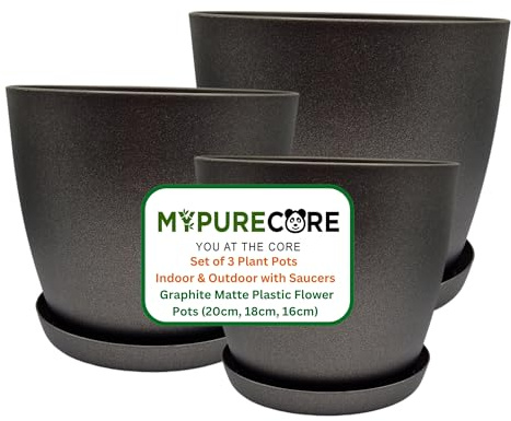 MYPURECORE Set of 3 Plant Pots Indoor with Saucers – Matte Plastic Flower Pots (20cm, 18cm, 16cm) – Durable Indoor & Outdoor Planters for House Plants, Herbs & Succulents, Black Graphite