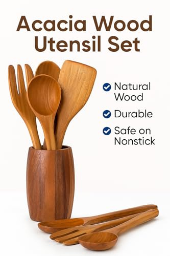 Wooden Spoons for Cooking Set 10-Piece,Elegant Wooden Cooking Utensils with Holder & Honey Dipper | Heat-Resistant & Eco-Friendly Kitchen Tools,Nonstick Kitchen Cookware
