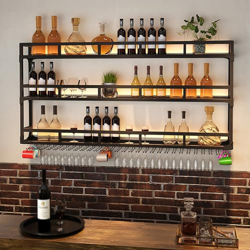 Portabottiglie Da Parete Con Portabicchieri,Scaffale per bottiglie In Ferro,Scaffale Da Parete Per Vino,Supporto A Muro Per Bottiglie,Scaffale Galleggiante Per Vino E Champagne,Per Bar Cantine(Black,1