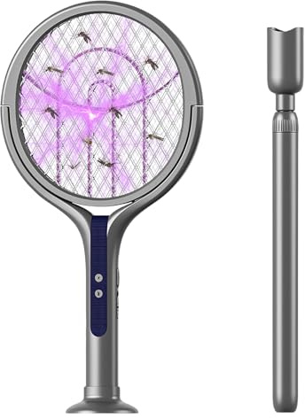 Elektrische Fliegenklatsche, Fliegenklatsche elektrisch 2800V, Mückenfalle mit drehbarem Kopf und Teleskopstab, mit Akku USB aufladbar für Innen und Außen, Double Layers Mesh Protection, UV Lichtfalle