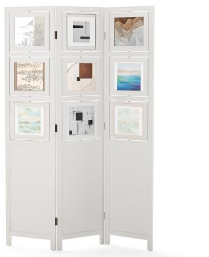 COSTWAY Biombo Divisor de 3 Paneles, 121 x 170 cm Biombo Plegable con 9 Marcos de Fotos Giratorios, Separador de Ambiente Estilo Rústico para Salón, Dormitorio, Oficina, Comedor