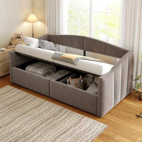 Canapé-lit rembourré 90×200 cm, Lit simple avec rangement hydraulique, sommier à lattes et accoudoirs, rayures classiques, Canapé-lit multifonctionnel, tissu velours, Gris foncé (matelas non inclus)