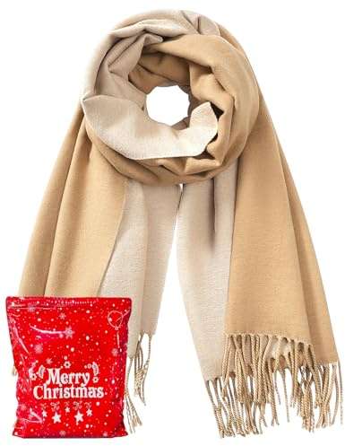 Lonya Bufanda Mujer Invierno Imitación Cachemira Reversible Pashmina Larga Grande Cálida Chal con Flecos para Bodas Caqui