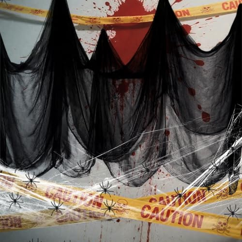 Halloween Deko Stoff, Gruseliges Gaze Tuch Dekogewebe 600 x 215 cm mit Spinne und Spinnenbaumwolle, Halloween Deko Gruselig für Haunted Party Outdoor Innen,Außen,Türen, Fenster(Schwarz)