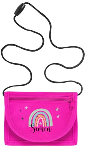 minimutz Geldbörse Kinder personalisiert, Kindergeldbeutel mit Name, Brustbeutel Regenbogen Sterne Mädchen (pink)