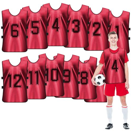 12 Stück Rot Leibchen Fußball Herren mit Nummern für Erwachsene, 70 x 47 cm