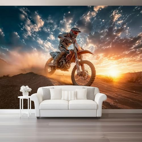 Fototapete Fotografie Wüste Motocross Tapete 3D Effekt Vliestapete Wandbild, Orange Farbe Vlies Tapeten Wandtapeten für Schlafzimmer Wohnzimmer TV Wand Moderne Wanddeko, 400 x 280 cm