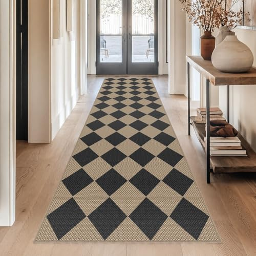 Capslpad Runner Rug for Entryway 80x300cm Non-Slip Hallway Carpet Runner Washable Jute Look Rug Kitchen Runner Durable Natural Fibre Area Rug Runners for Bedroom Balcony Corridor, Black Checkered