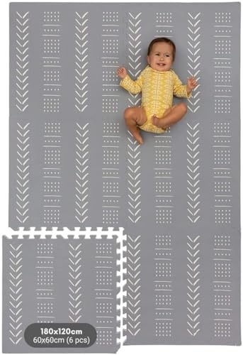 KinderNest Baby Krabbelmatte aus Schaumstoff – 6-teilig, rutschfest, weich & wasserdicht – Grau – 180x120 cm