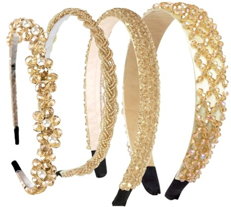 4 Stück Haarreifen Damen, Haarreifens Haarschmuck Kristall Stirnbänder Champagnerfarbe Glitzer Strass Haarband Damen Prinzessin Haarreifen für Hochzeit Kommunion