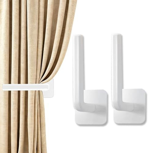 Vorhang Raffhalter, Gardinenhaken Selbstklebend, Ohne Bohren, Gardinenhalter Wand, L-Förmig Vorhang Halter für Dekorieren von Vorhängen und Aufhängen von Gegenständen (2, Weiß)