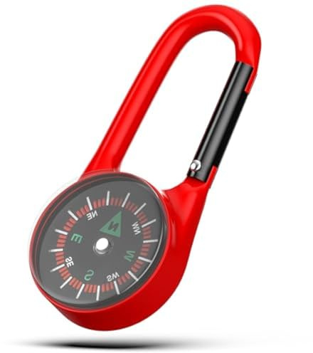 Mini porte-clés avec mousqueton en forme de boussole rouge pour randonnée, camping, convient aux enfants et aux adultes, se fixe aux sacs à dos, kits de survie et équipement de plein air