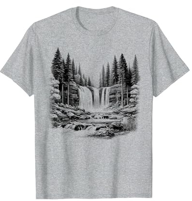 Natura con Foresta e Cascata in Stile Artistico Disegno Maglietta, Uomo, Grigio Melange, M