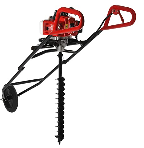 OUKANING Bensin jordborr med hjul 80 mm borr, golvhålsborr 63 cc | 2,2 KW stolphålsborr jordhålsborr, vikbar golvhålsborr, med verktygsväska, för trädgård träd staket komplett set