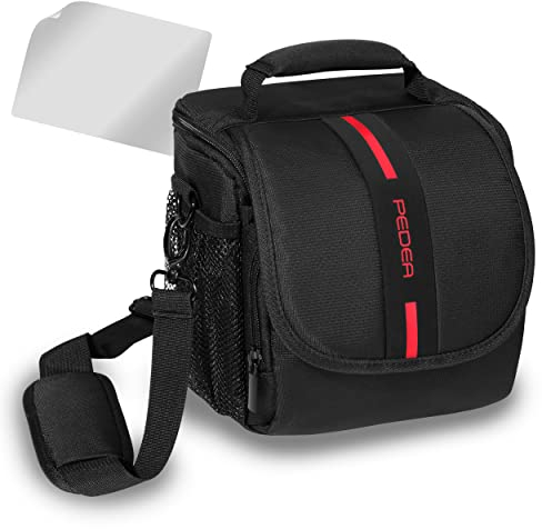PEDEA DSLR-Kameratasche Essex mit Displayschutzfolie für Panasonic Lumix DMC-G2 / Pentax K-S2 / Ricoh GR II / Sony Alpha 68 / Canon EOS 6D Mark II 80D 750D 800D 1000D 4000D, Gr. M schwarz/rot