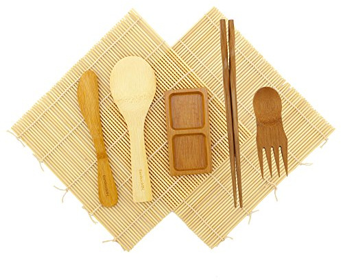 BambooMN Sushi-Set – 2 x natürliche Sushi-Rollmatten, 1 x Reispaddel, 1 x Streuer, 1 x Essstäbchen, 1 x Sushi-Soßenschale, und 1 x Göffel – Deluxe-Sushi-Set