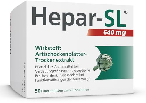 Hepar-SL® 640 mg | Bei starken Verdauungsbeschwerden | 50 Filmtabletten | Befreit von Völlegefühl, Blähungen & Magendrücken, mit Spezialextrakt der Königsartischocke, wirkt nach 30 Minuten