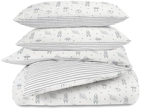 MakeMake Organics Organic Duvet Cover Full Queen (Pack of 3) GOTS Certified Organic Cotton Duvet Cover Set Reversible Dreamy Soft Breathable (Full/Queen, Astronaut/Navy Blue Stripes)