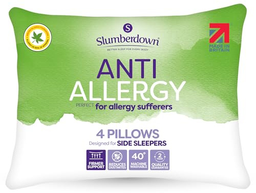 Slumberdown Anti Allergy Pillows 4 Pack - Allergy UK Approved Firm Support Back & Side Sleeper Pillow for Allergy Sufferers | Anti Bacterial Cover, UK-Made & Washable (48 x 74cm)