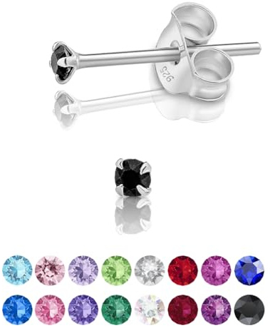 Pendientes de Botón Plata Ley 925 on Cristales Brillantes Negros - Pendientes Pequeños Mujer Plata 925 - Punto de Luz Hipoalergénicos sin Niquel - Diámetro 2 mm