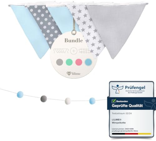 lilime® Wimpelkette Inkl. GRATIS Girlande ideal für Dekoration im Kinderzimmer - Unsere Wanddeko für Dein Kind - Super süße Deko für jedes Babyzimmer (1.9M) (Grau-Weiß Blau)