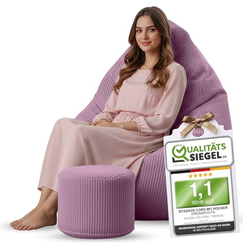 DreamRoots Sitzsack Erwachsene Cord 80x80x120 mit Hocker, Plum Smoothie | Bean Bag Chair mit Hocker, Lehne & Bezug, mit Füllung, Sitzkissen Boden, für Teenager & Erwachsene
