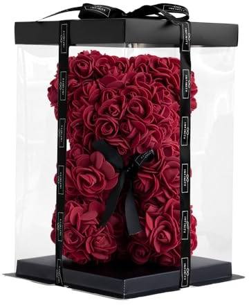 Infinity® Rosenbär Dunkelrot 25 cm – Handgefertigter Bär mit Geschenkbox & über 300 duftenden 3D-Rosen – Geschenk für Frauen, Geburtstag oder Jahrestag