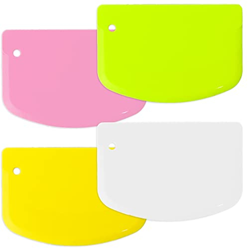 4Pcs 4.7x3.7inch Plastic Scraper, Multi-Function Dough Cutter Dough Scraper Food Scrappers Kitchen Bowl Scraper Tool for Pastry Cake Dough Bread Pizza Baking (Yellow Green Pink White)