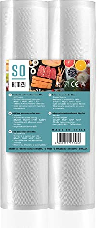 So Homey Sacchetti Sottovuoto Alimenti, 2 Rotoli 20 X 600 Cm (totale 12 M) Per Macchina Sottovuoto, Sacchetti Per Sottovuoto Utili Per la Conservazione Di Alimenti E Cottura Sous Vide