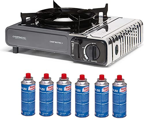 FYSHOP. PACK Campingaz Camp Bistro hornillo de Gas Individual, hornillo de Camping, Potencia 2200 W + 6 CARTUCHOS DE GAS SUPER EGO