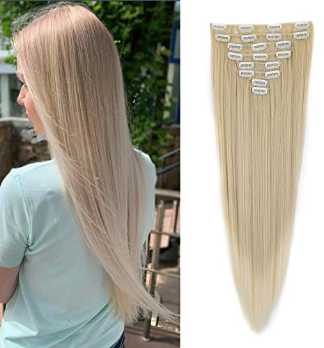 Cybelleza Clip in-förlängningar som äkta hår, hårförlängning, hårdel, 8 delar, set, slätt lång, prisvärd hårkompression, syntetiskt hår för kvinnor 60 cm (naturblond T blekblond)