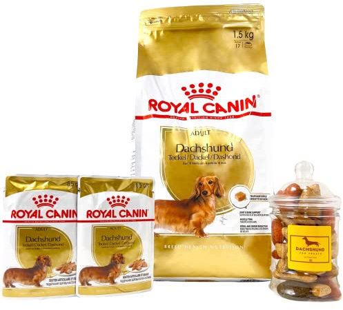 Fabylz Mart Dachshund Sausage Dog Food Dry & Wet Bundle consists of Adult Dachshund Dry food 1.5kg, Wet Dog Food Pouches 85g x2, Jar of Assorted Tasty Dog Treats & Biscuits 150g