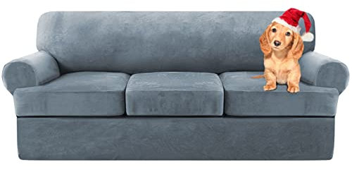 Sofa Cover,T Cushion Sofa Cover Velvet Non-Slip T Cushion 1/2/3 Seater Couch Cover with Individual T Cushion Seat Cover with Elastic Bands Furniture Slipcovers Protector (Gray Blue,3 Seater-4Pieces)