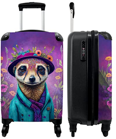 NoBoringSuitcases.com® Hartschalenkoffer Mädchen Koffer fürs Handgepäck Reisekoffe Kinder Erdmännchen - Blumen - Lila - 55x35x20cm
