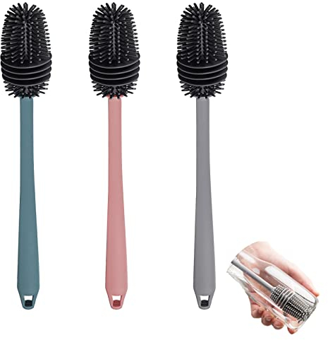 Spazzola Per Bottiglie, Spazzola PerBottiglie in Silicone, 3 Pezzi, Adatta Per Pulire Biberon, Caraffe E Thermos, Silicone, 32 x 3 cm